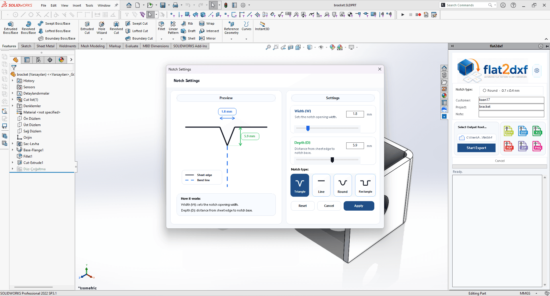 Flat2DXF product screen in SOLIDWORKS